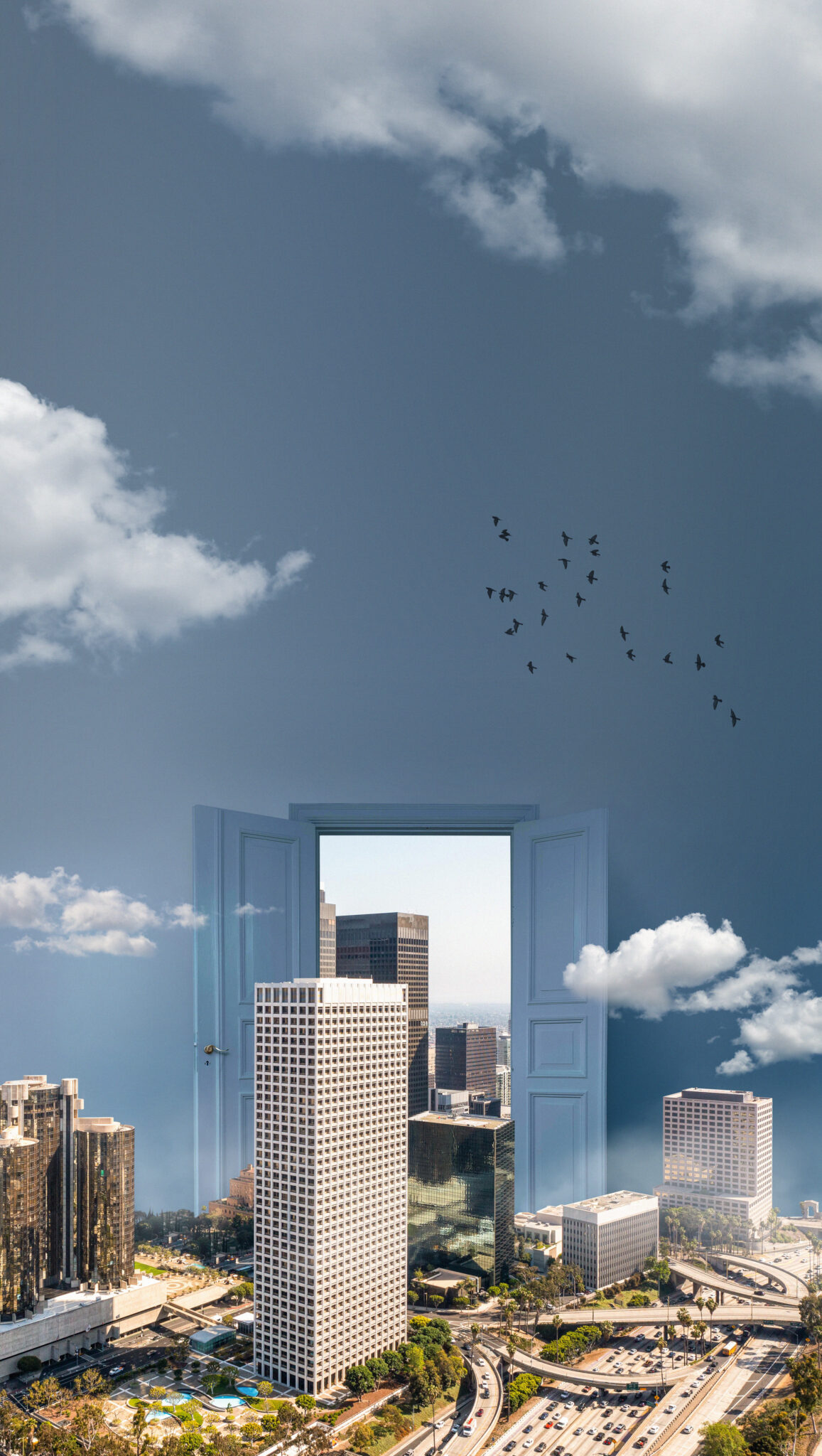 door opening revealing tall buildings